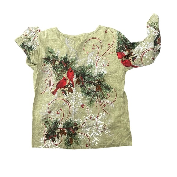 Collection ETC Holiday Top Medium Green Cardinals Pine V Neck Christmas Shirt - Picture 2 of 5